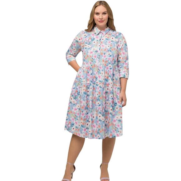 Ulla Popken Von Landen Dot Floral Print A-Line Dress Sz 20 Collared 3/4 Sleeves - Picture 1 of 12